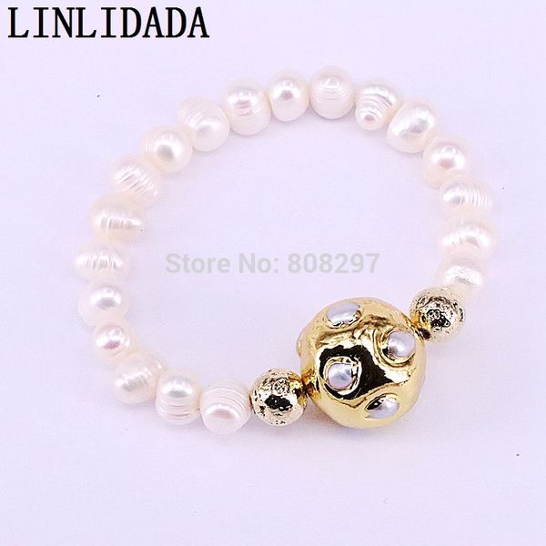 

5pcs natural pearl bracelets bangles, gold color round ball freshwater pearl beaded bracelet handmade jewelry, Golden;silver