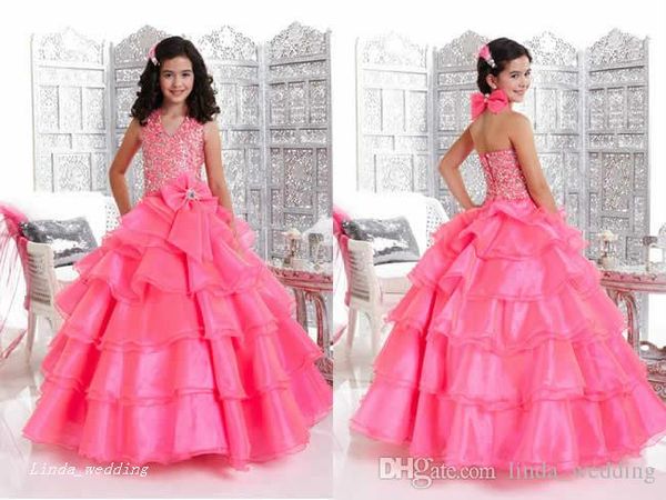 Neue Ankunft Rosa Mädchen Pageant Kleid Prinzessin Halter Halsausschnitt mit Bogen Party Cupcake Abendkleid Für kurze Mädchen Hübsches Kleid für Kleinkind