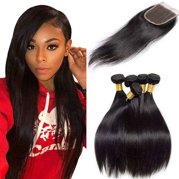 2019 Silk Straight Mink Brazilian Hair 3 Bundles With Lace Closure