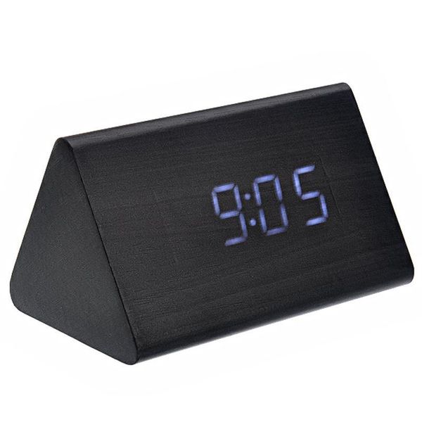 

012-10 unique e shaped voice activated white led digital wood wooden alarm clock with date /temperature (black
