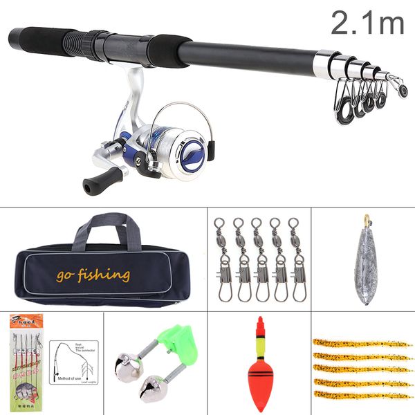 

new 2.1m fishing rod reel line combo full kits spinning reel pole set with fishing bag soft lures float hook swivel etc