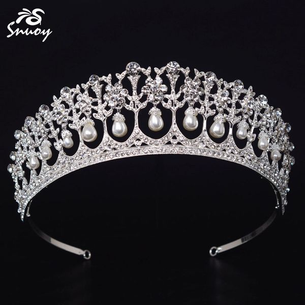 

snuoy luxury wedding bridal three pieces jewelry sets simulated pearls crown and necklace sets for women dubai jewelery ornament, Slivery;golden
