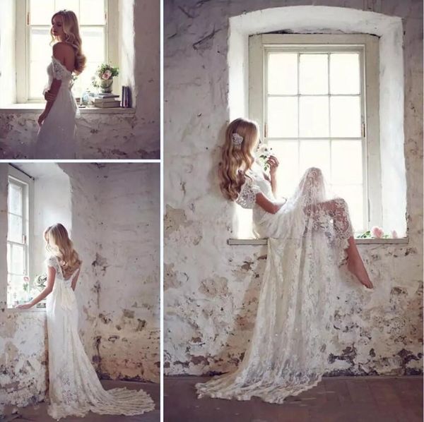 

new lace wedding dresses matched bow white ivory custom made elegant beach wedding dresses beaded cap sleeve v-neck court train bridal gowns