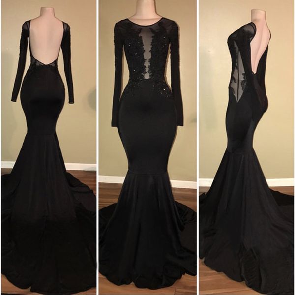 Noir Longue Robes De Soirée 2018 Sexy Dos Nu Dentelle À Manches Longues Satin Robes De