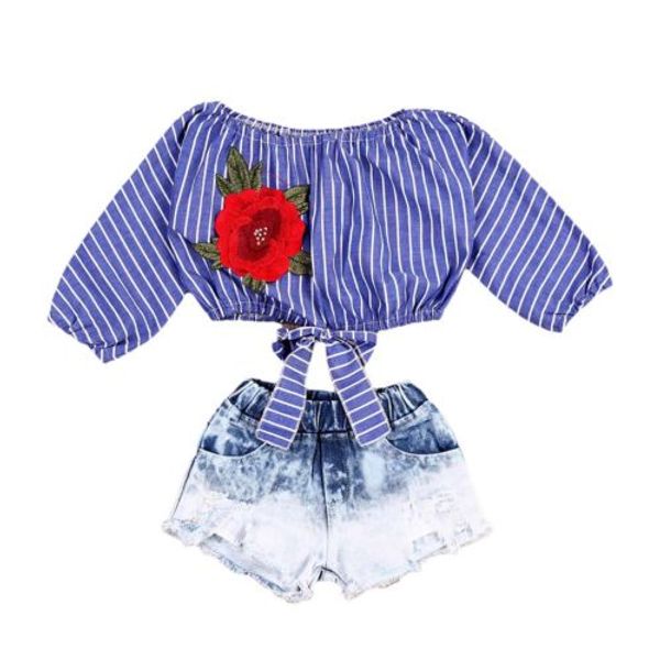 

toddler kid baby girl clothing set striped floral crop t shirts blouse denim short jeans pants outfit summer spring clothes, White