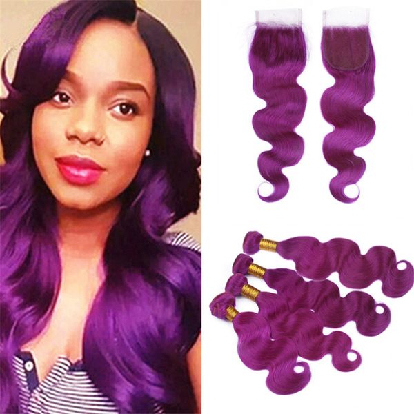 Purple Virgin Indian Human Hair Weave 4 Bundles Deals With Lace