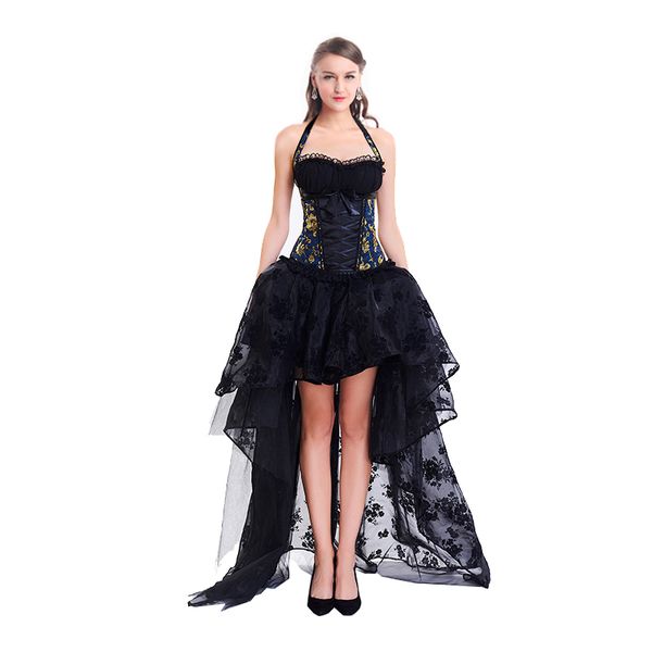 

corset bustier gothic with dress 2 pieces sets women steampunk gothic corselet halter lace ruffles floral party maxi dress ball gown, Black;white