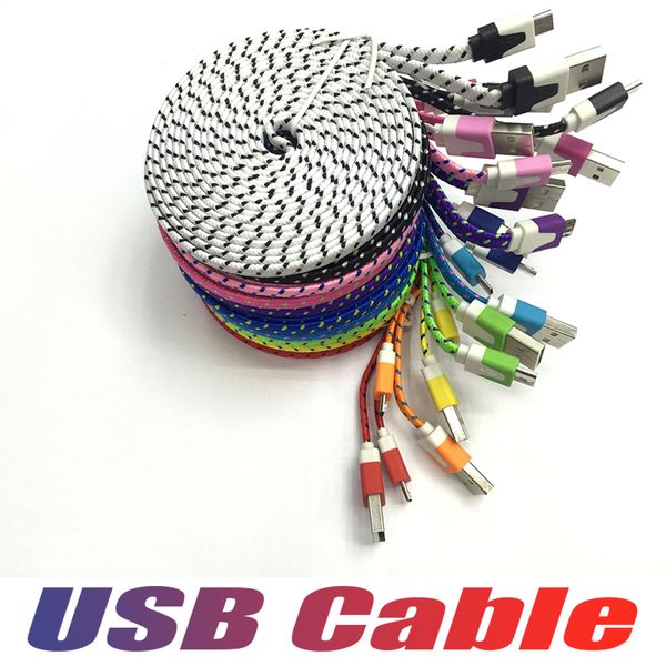 

1m 2m 3m flat noodle braided charger cable fabric braided micro u b charging data ync cord for type c android