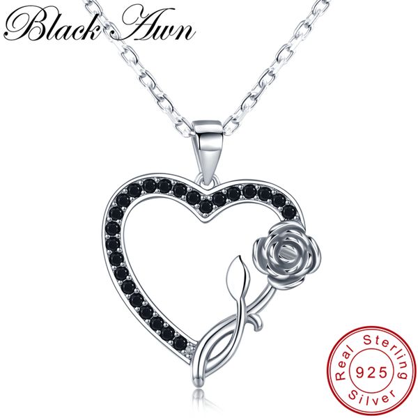 

black awn] romantic 925 sterling silver jewelry necklace for women black spine female heart with rose lovers gift k008