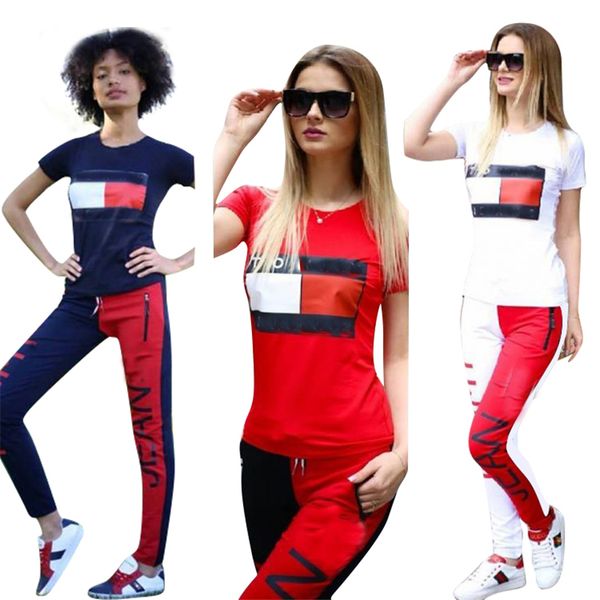 

2018 ummer autumn 2 piece et red white ca ual track uit hit color patchwork portwear letter printed outfit top and long pant
