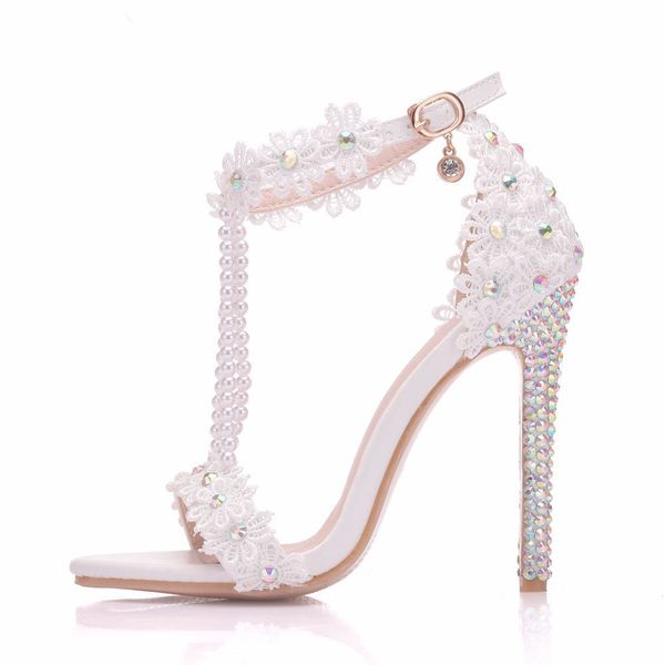 

new white beading open toe shoes for women crystal high heels fashion stiletto heel wedding shoes lace flower ankle strip bridal sandals, Black