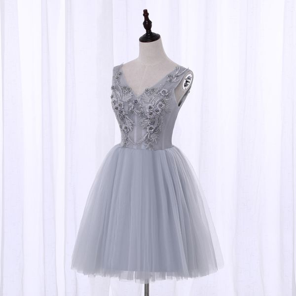 

elegant short beaded grey homecoming dresses for girls v-neck, a-line organza homecoming gowns, sleeveless lace up prom party gowns, Red