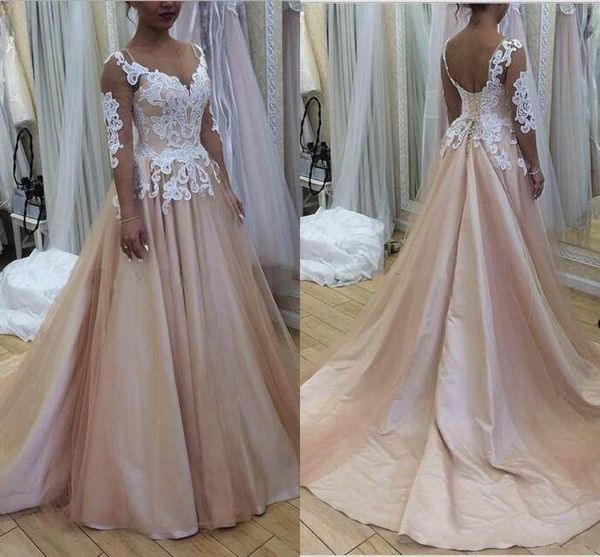 

Newest Jewel Neck A-line Prom Dresses Sheer Neck 3/4 Sleeves Lace Tulle Satin Evening Gowns Lace up Back Plus Size