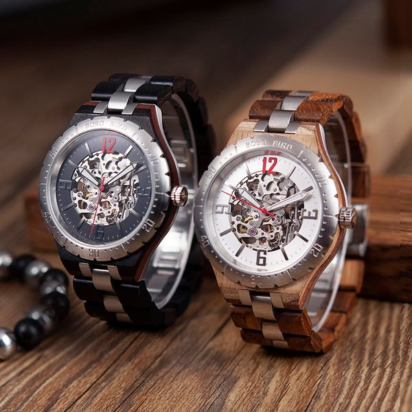 

bobo bird mechanical watch men wood metal automatic wristwatch waterproof business timepiece armbanduhr j-q29, Slivery;brown