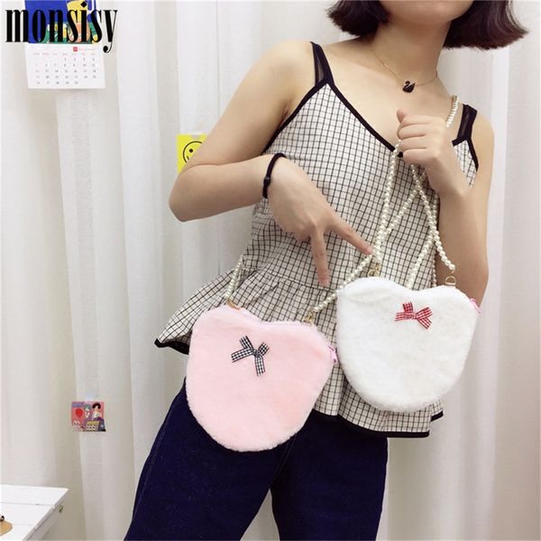 

monsisy winter women's handbags 2018 plush bag for girls shoulder bag cute faux fur bow pearl chain lady's crossbody bolsos