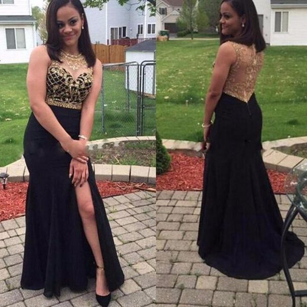 

fashion new black gold mermaid evening dresses long sheer neck illusion back high split vestiti eleganti donna cerimonia sera, Black;red