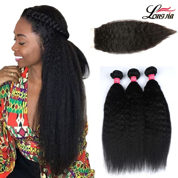 

charmingqueen malaysian yaki straight hair weave bundles with closure part 100% kinky straight human hair 3 bundles with lace closure, Black