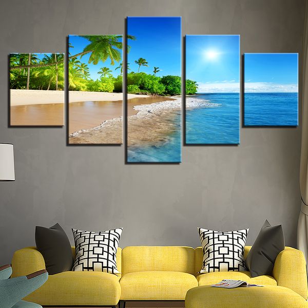

5 panel hd printed framed beach sunshine palm trees modern home wall decor painting canvas wall pictures framework drop shipping