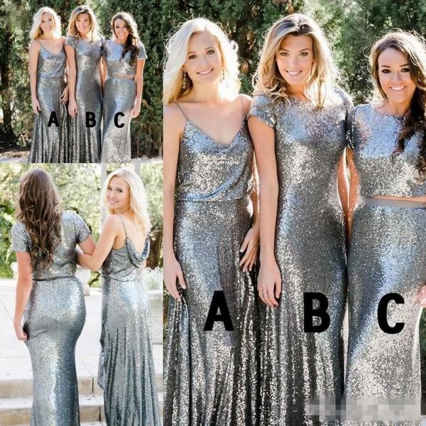 Paese Style 2018 Abiti da damigella d'onore con paillettes a maniche corte con maniche corte spaghetti cinghie abiti da ospite a due pezzi Maid of Honor