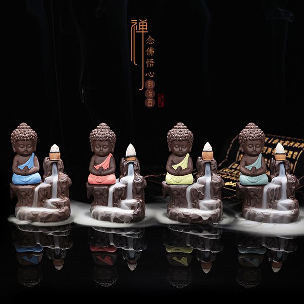 5 pcs incenso + pequeno monge censador cerâmico yixing backflow pau incenso Buder Buddha roxo argila de cerâmica base teapete casa decoração