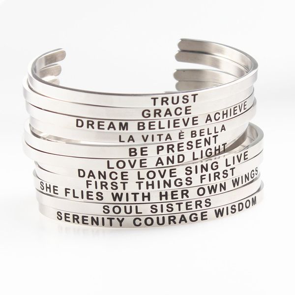 

motivational bangle with letters stackable custom engraved inspirational quote stainless steel wholesale mantra cuff bracelet, Black