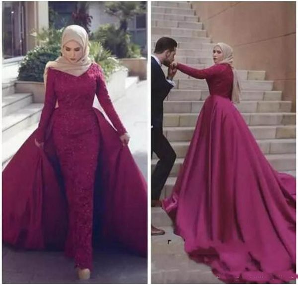 

High Neck Saudi Arabic Prom Dresses Chapel Train Sexy Muslim Formal Party Dresses Overskirt Evening Pageant Celebrity Gown Wear