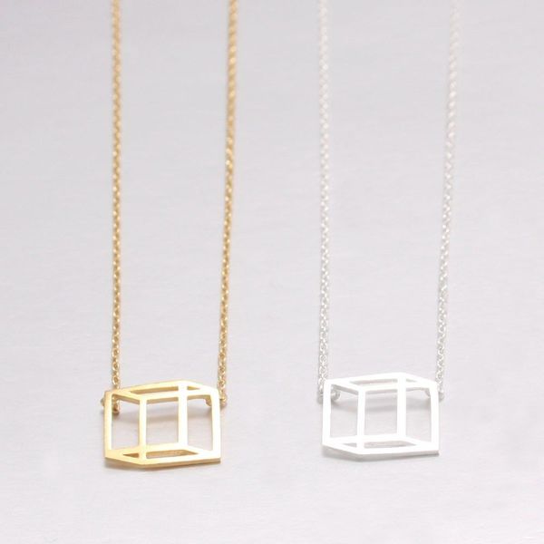 

10pcs geometric outline flat cube pendant necklace funny visual illusion line cube jewelry accessory for gift, Silver