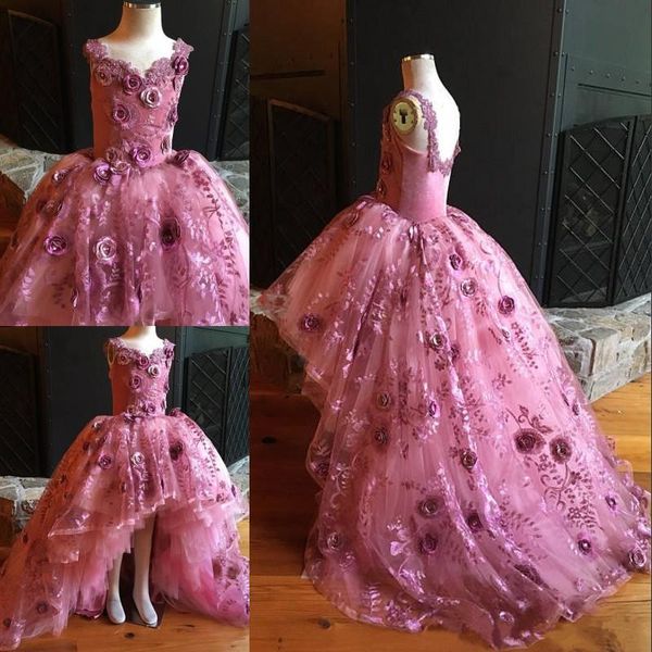 Высокие Низкие Розовые Платья Девушки Цветка Для Свадьбы 3D Аппликации Floal Маленькие Девочки Pageant Платье Тюль Первое Причастие Юбка
