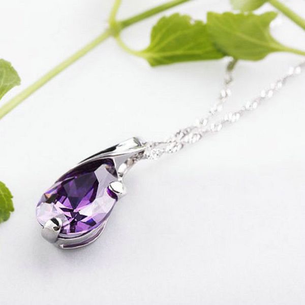 

2016 fashion big purple natural crystal heal point chakra stone water drop pendant for women necklace, Bronze;silver