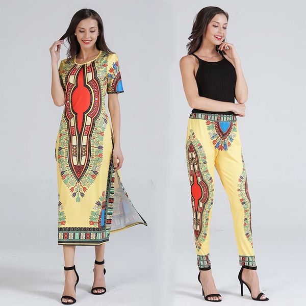

2018 summer women african national print dashiki two piece set x-long t shirt and pencil pants suits indie folk 2 piece outfits, Gray