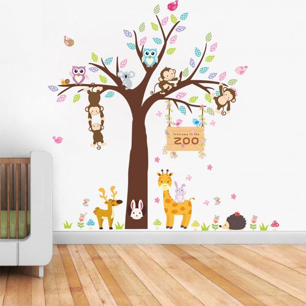 

large cute owl monkey tree decal cartoon wall stickers animal plant decoration for kids room kindergarten home decor