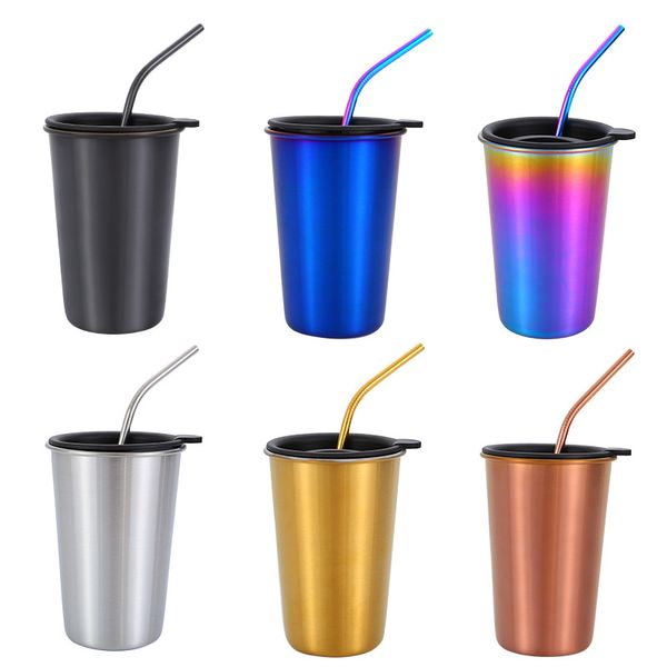 500 ml 304 Tasse À Café En Acier Inoxydable Ensemble En Métal Paille Interrupteur Couvercle Gobelet Réutilisable Camping En Plein Air Voyage Tasse Boire Du Jus De Thé Bière Tasses