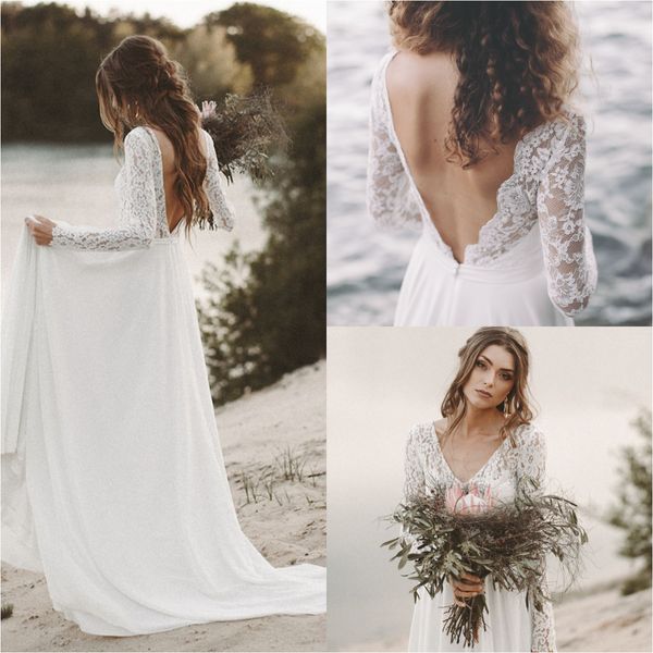 Fairy Stunning Deep V Neck Vintage Beach Wedding Dresses Lace Long Sleeve Full Length Summer Boho Sexy Backless Bridal Gowns Pretty Country Modest