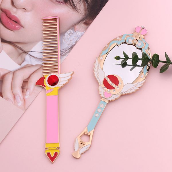 

anime metal oval hand held makeup mirror ladies girl crown mirror bird head comb dresser red blue makeup with crystal