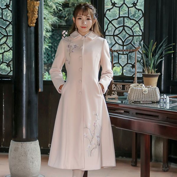 

2018 new winter vintage women wool blends long coat peter pan collar single breasted embroidered coats outerwear pink 8732, Black