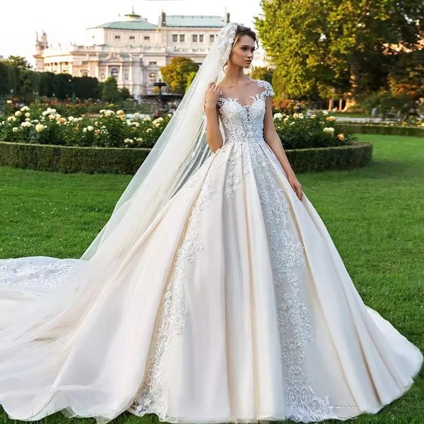 

custom vintage cap sleeves lace wedding dresses 2020 plus size beaded appliques court train a line wedding bridal gowns, White