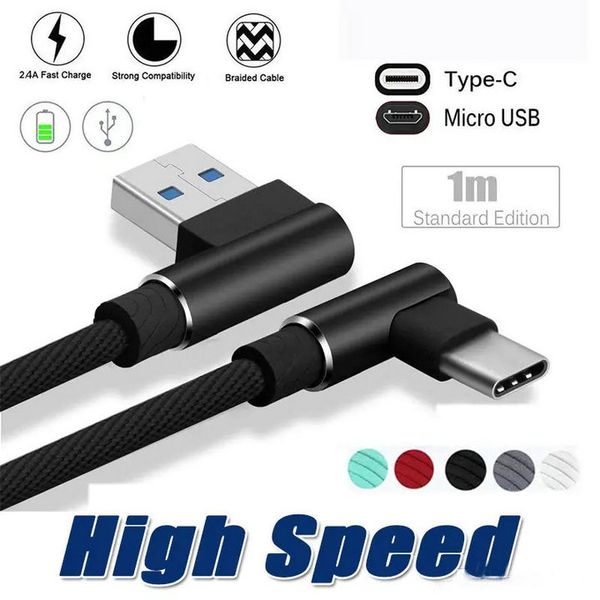 

90 degree micro u b cable 1m 2m 3m 2a fa t charger cord braided type c data line for am ung 10 9 8 note 8 martphone android phone