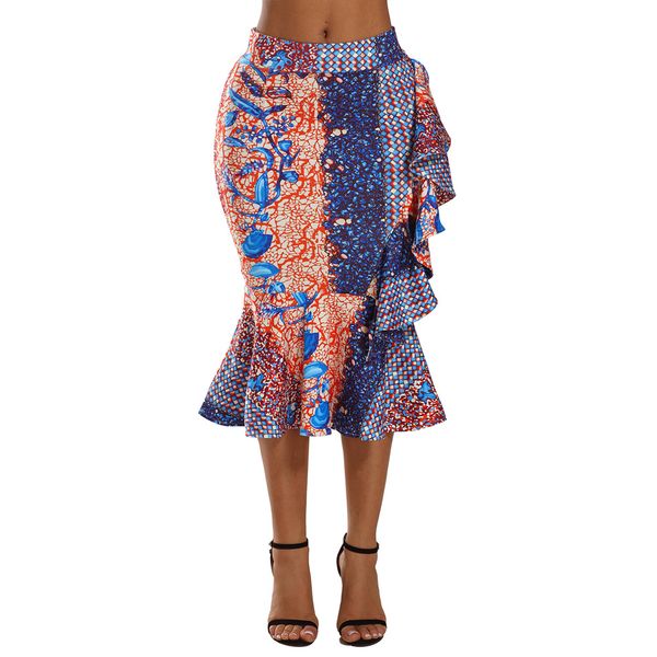 

new arrival african print ruffle trim bodycon skirt, Black