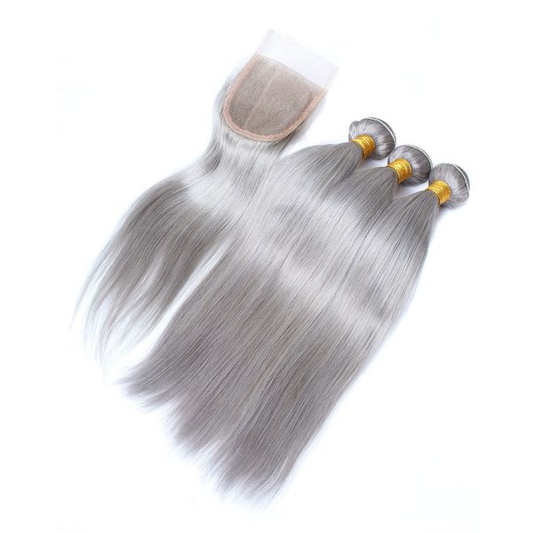 Бразильский серебристо-серый человеческих волос ткет с верхней закрытия прямые серые пучки волос Virgin сделок 3шт с 4x4 кружева перед закрытием