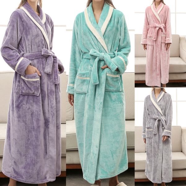 

women's winter lengthened bathrobe splicing home clothes long sleeved robe coat woman shawl kimono warm male bathrobe coat, Black;red