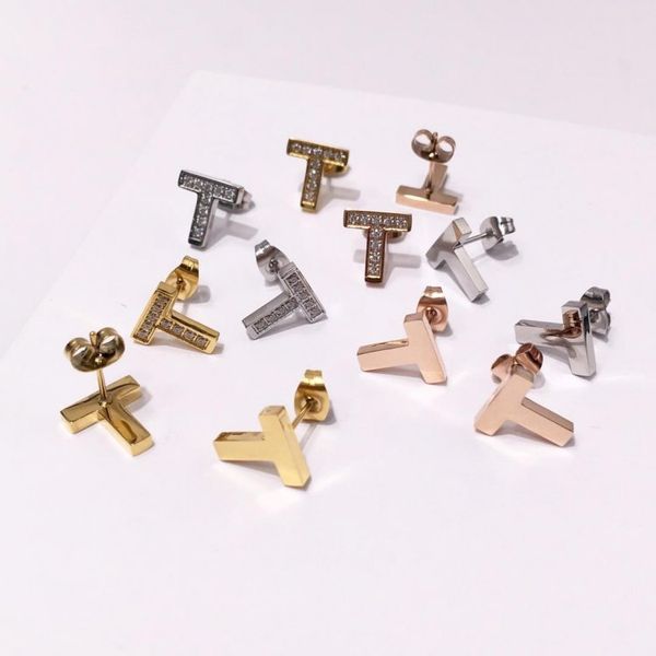 

stainless steel t letter smooth titanium steel ladies earrings, Golden;silver