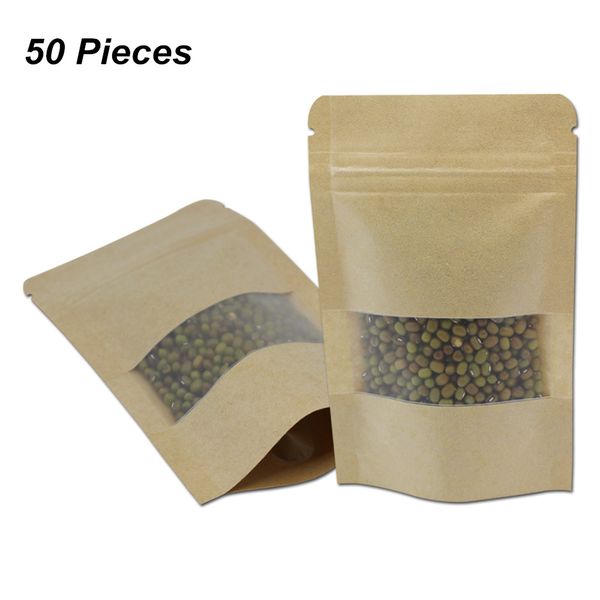 

50pcs lot variety of sizes brown kraft paper matte stand up zipper lock clear window bags food seal sealing tear notch package pouch