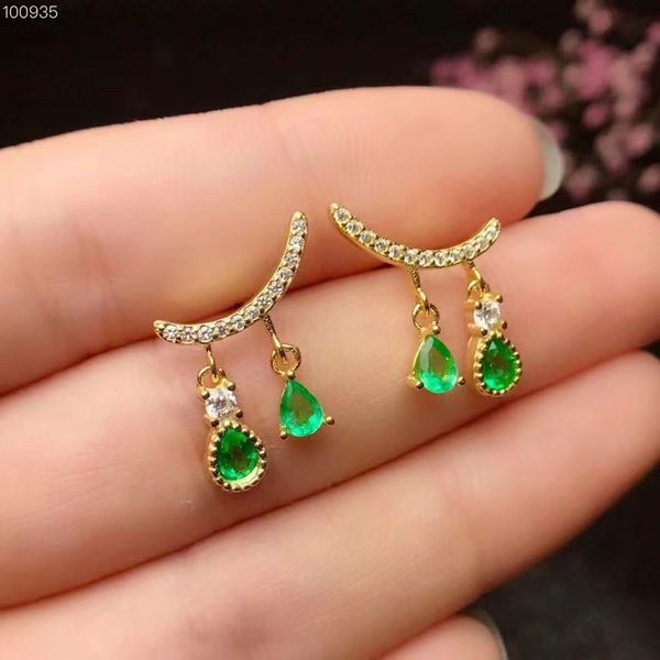 

fashion moon bent water drop natural green emerald gem drop earrings natural gemstone earrings s925 silver girl party jewelry, Golden;silver