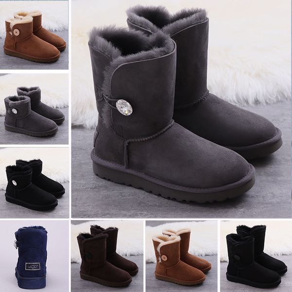 

wgg real leather suede australia classic mini bailey bling button knee boots ankle boots fashion womens girl winter snow boots, Black