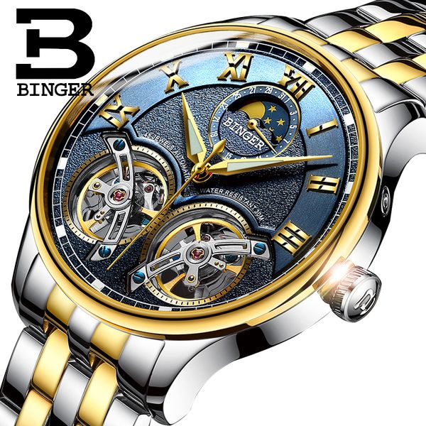 

Двойной Tourbillon швейцарские часы BINGER Original Brand Мужские автоматические часы Self-Wind Fashio