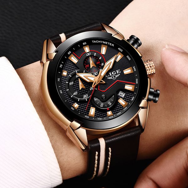 

2018 lige design business fashion watches men's leather sports date chronograph quartz watch men's gift clock relogio masculino, Slivery;brown