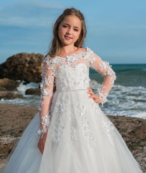 Flower Girls Dresses Backless Cap Manicotti in pizzo Applique PRINCESS PRINCESS LONG A LINE BILANCY Girls Comunione Pageant Gowns