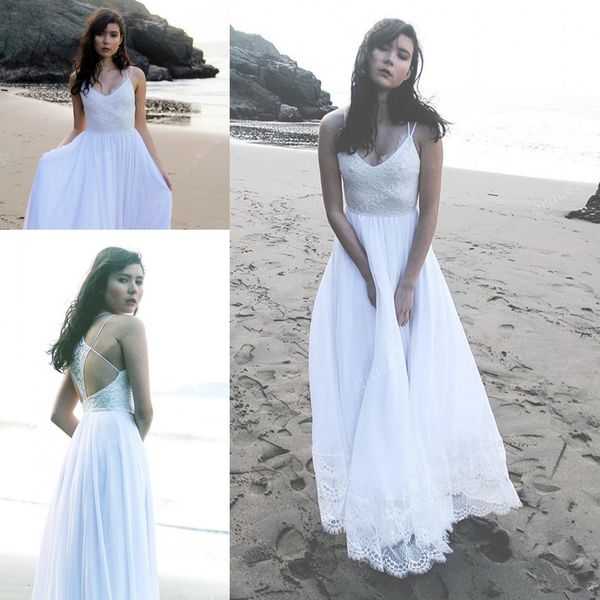 

spaghetti beach wedding dresses 2018 modest lace chiffon hollow back flowy skirt simple summer holiday seaside bohemian wedding gown, White