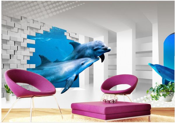 

3d wallpaper mural decor p backdrop 3d underwater world tv setting stereo dolphin roman column