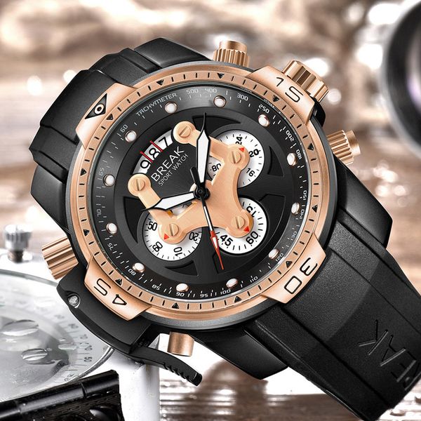 

men luxury rose gold casual quartz watch black rubber strap men multifunction military watches waterproof sports wristwatch date, Slivery;brown